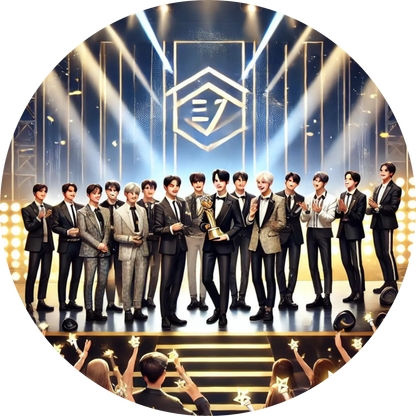 Große Boygroup auf der Bühne mit goldenen Lichtern im Hintergrund