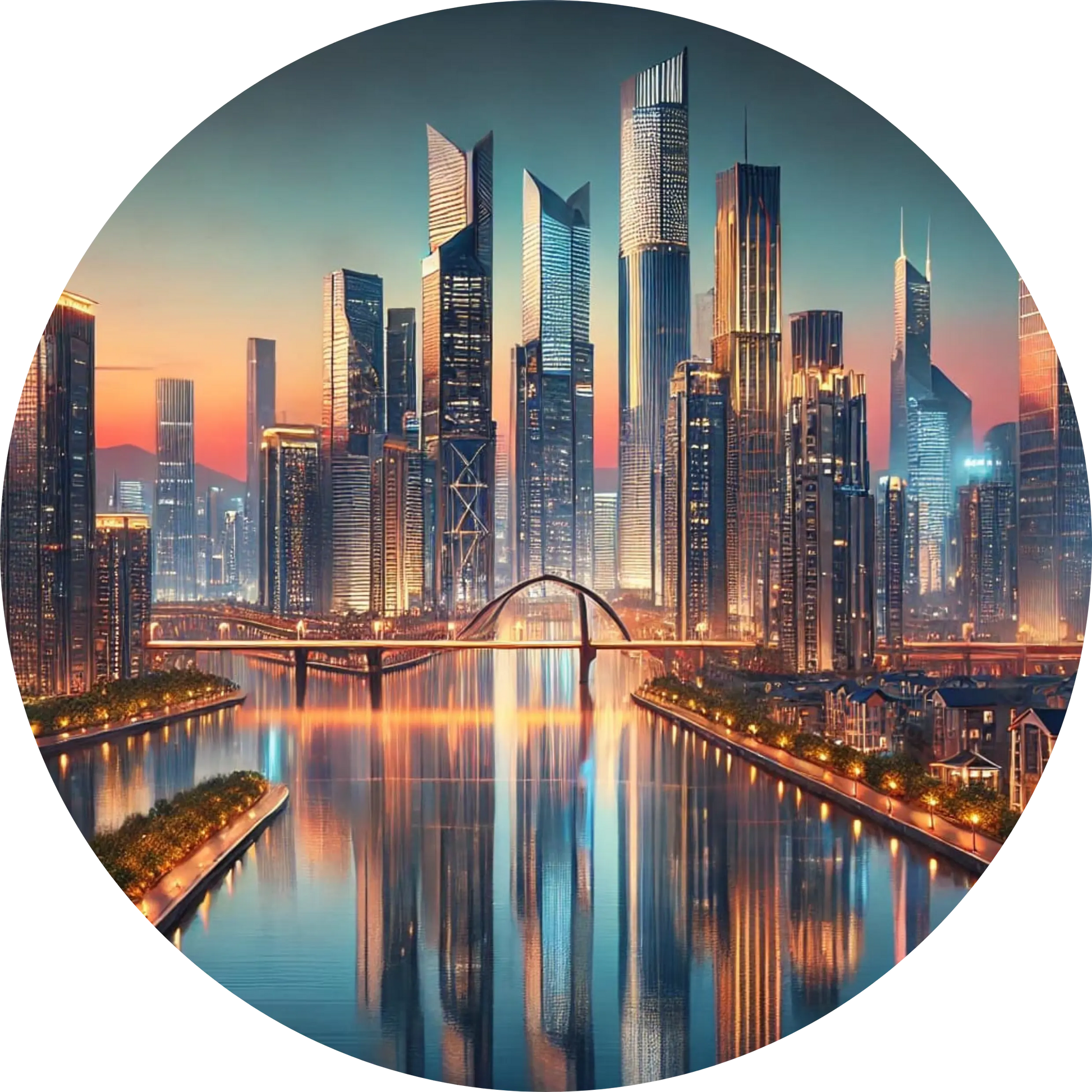  Glänzende Hochhäuser in moderner Architektur am Wasser