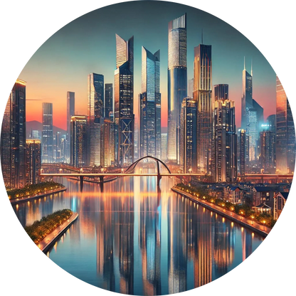  Glänzende Hochhäuser in moderner Architektur am Wasser