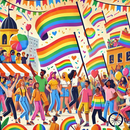 Große Pride-Parade mit wehenden Regenbogenflaggen in einer Stadt, fröhliche Menschen in bunter Kleidung marschieren gemeinsam – Symbol für Vielfalt, Freiheit und Gleichberechtigung.