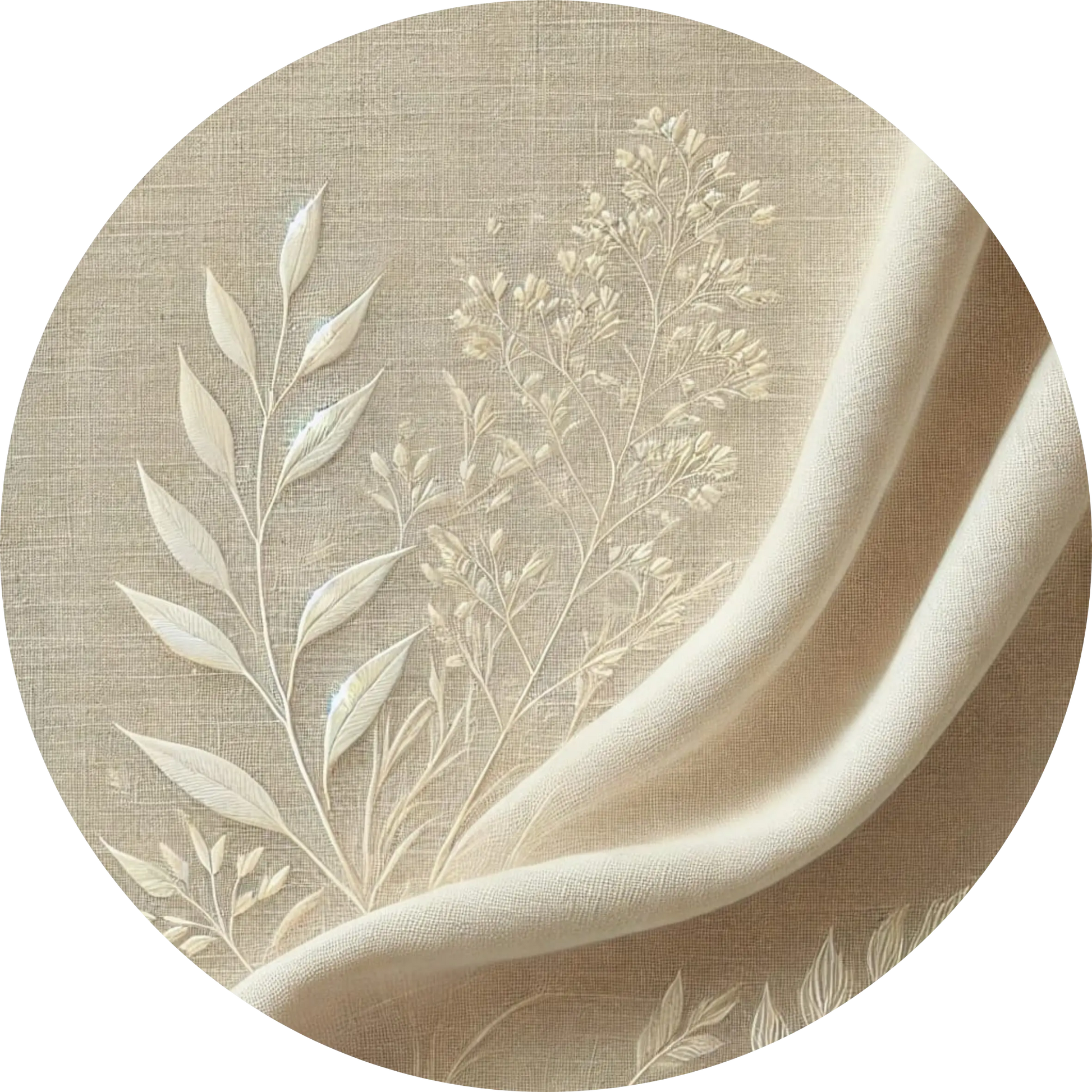 Zarte gepresste Blüten auf gefaltetem Stoff in hellem Beige