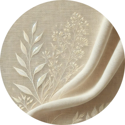 Zarte gepresste Blüten auf gefaltetem Stoff in hellem Beige