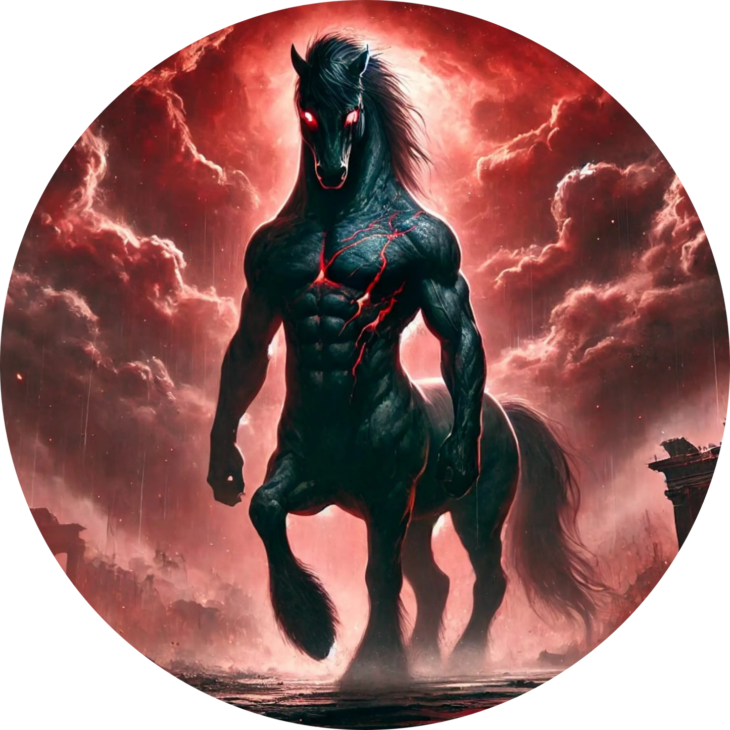 Schwarzer Zentaur mit roten Augen in brennender Landschaft