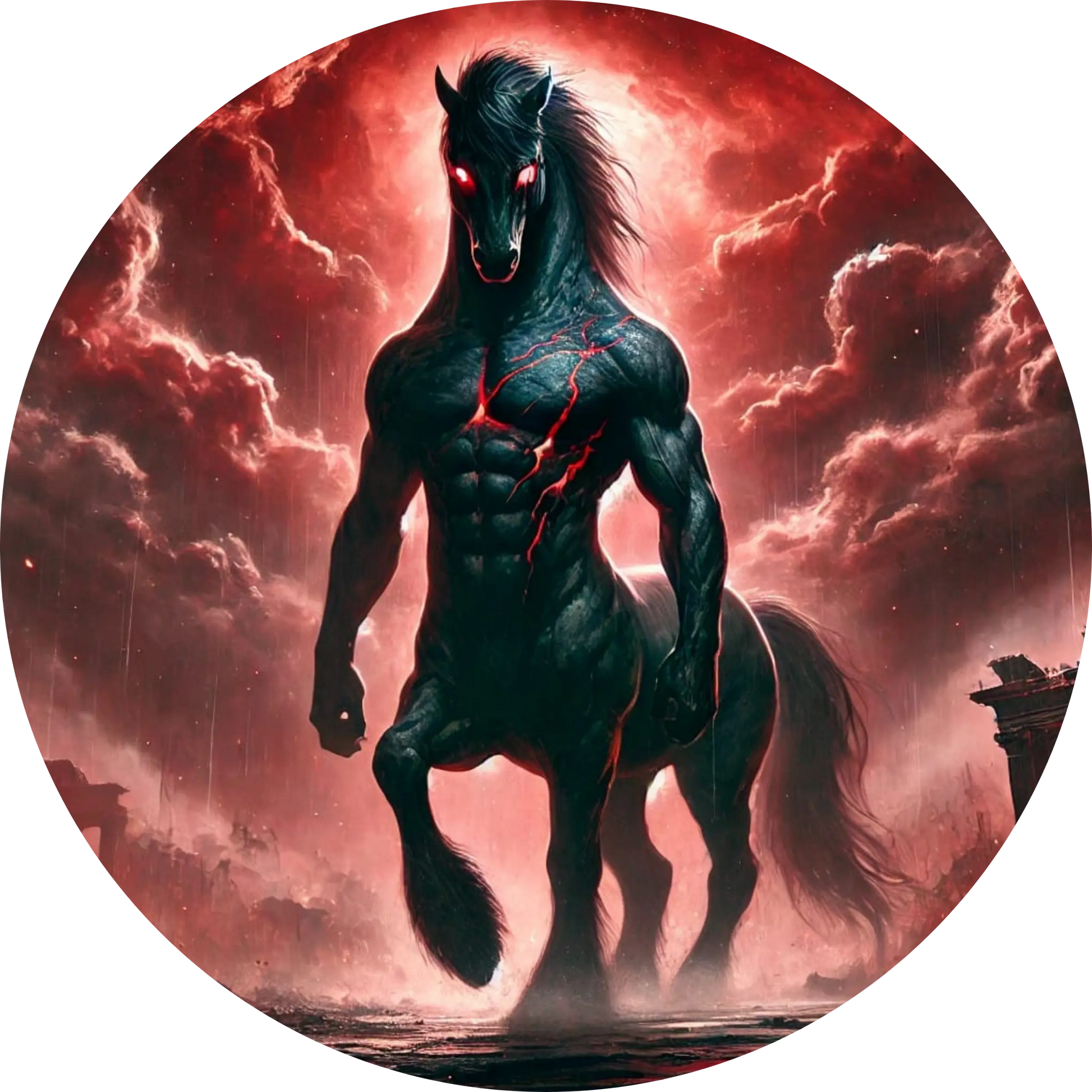 Schwarzer Zentaur mit roten Augen in brennender Landschaft