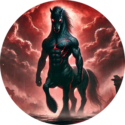 Schwarzer Zentaur mit roten Augen in brennender Landschaft