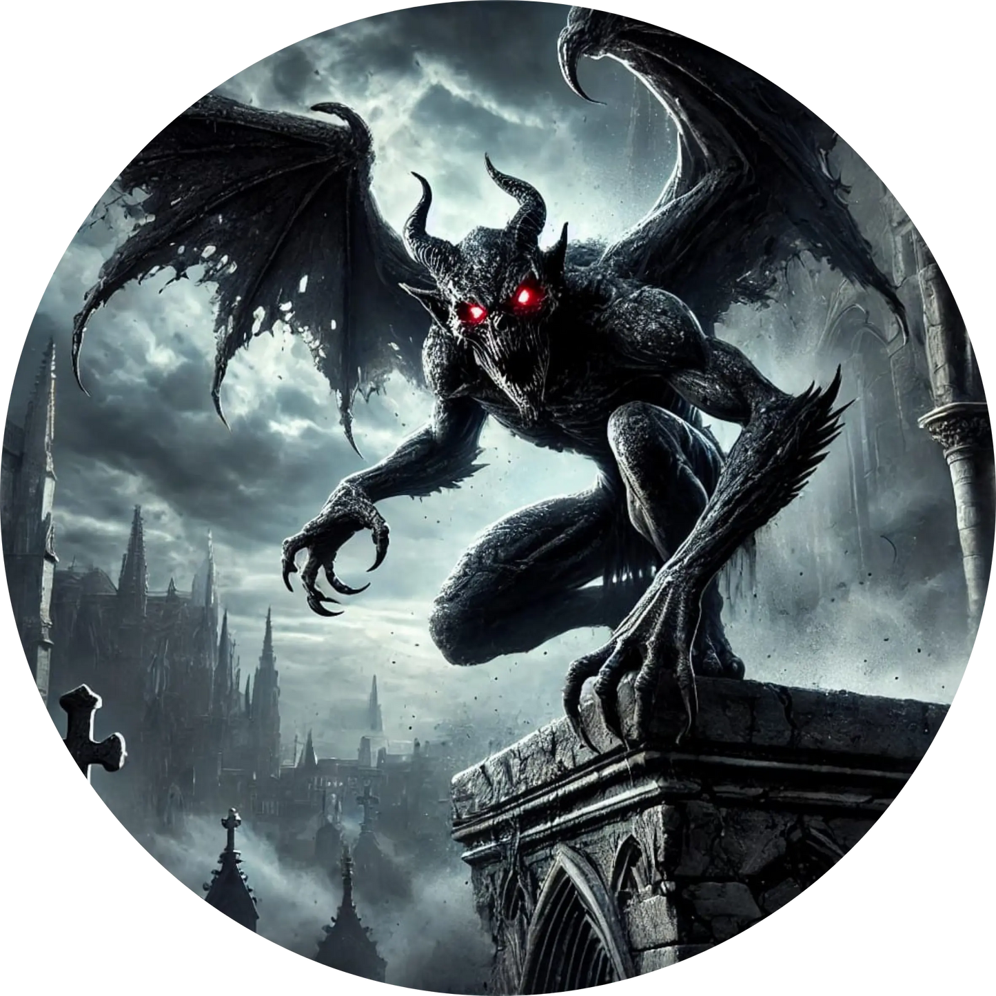 Geflügelter Gargoyle auf steinernem Sims bei Nacht