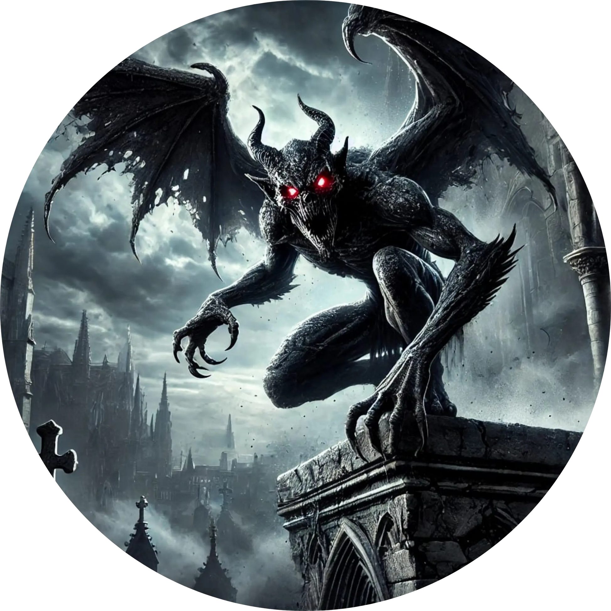 Geflügelter Gargoyle auf steinernem Sims bei Nacht