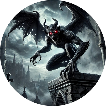 Geflügelter Gargoyle auf steinernem Sims bei Nacht