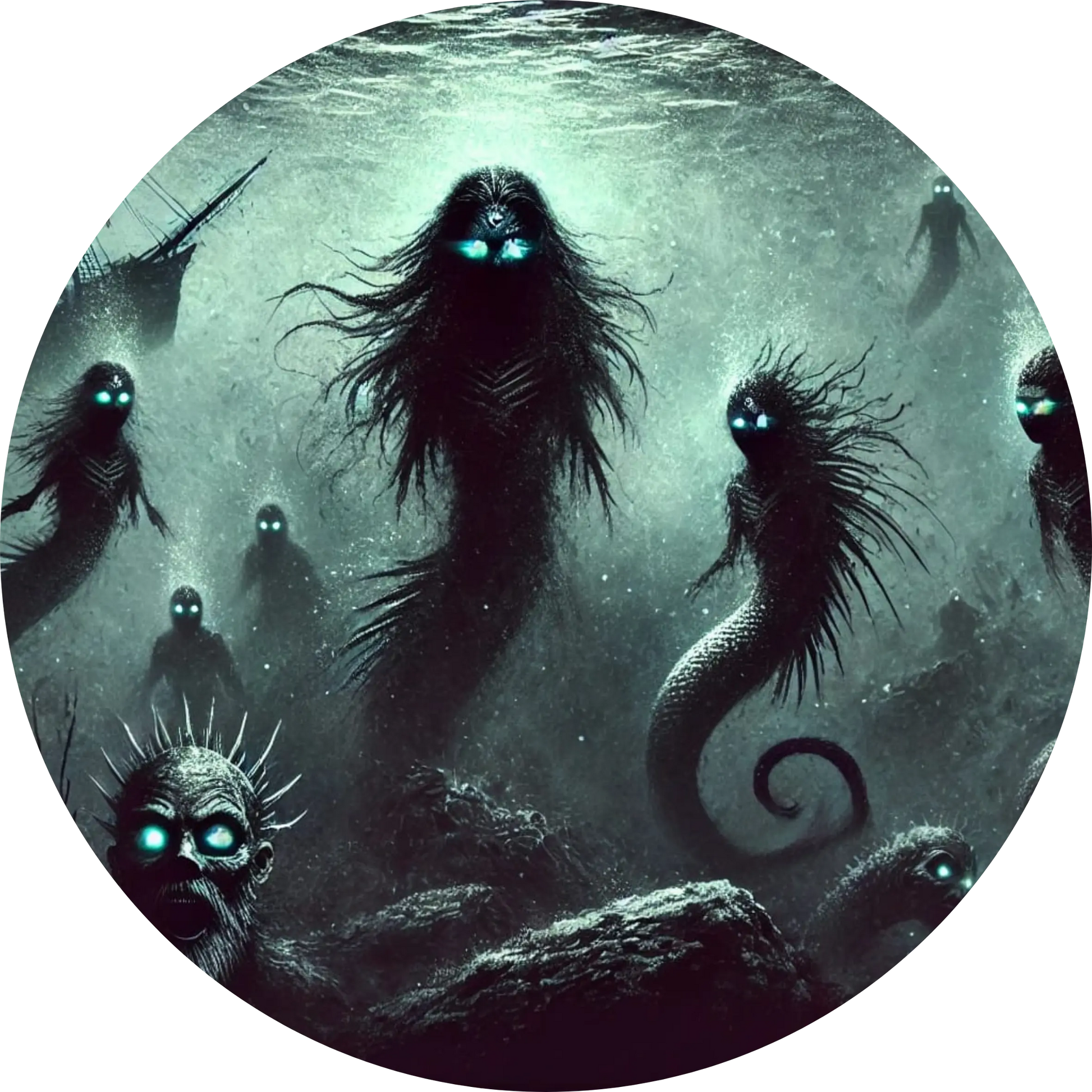 Schwarze geisterhafte Wasser Kreaturen mit leuchtenden Augen