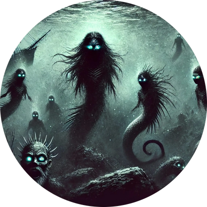 Schwarze geisterhafte Wasser Kreaturen mit leuchtenden Augen