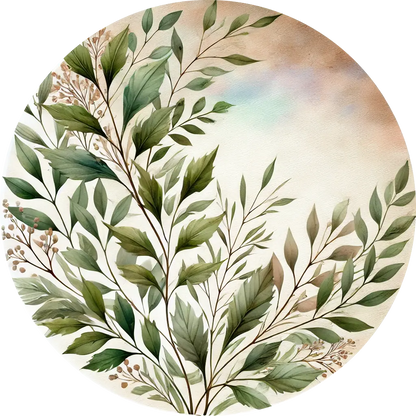 Aquarellhintergrund mit zarten Blättern in Grün- und Pastelltönen