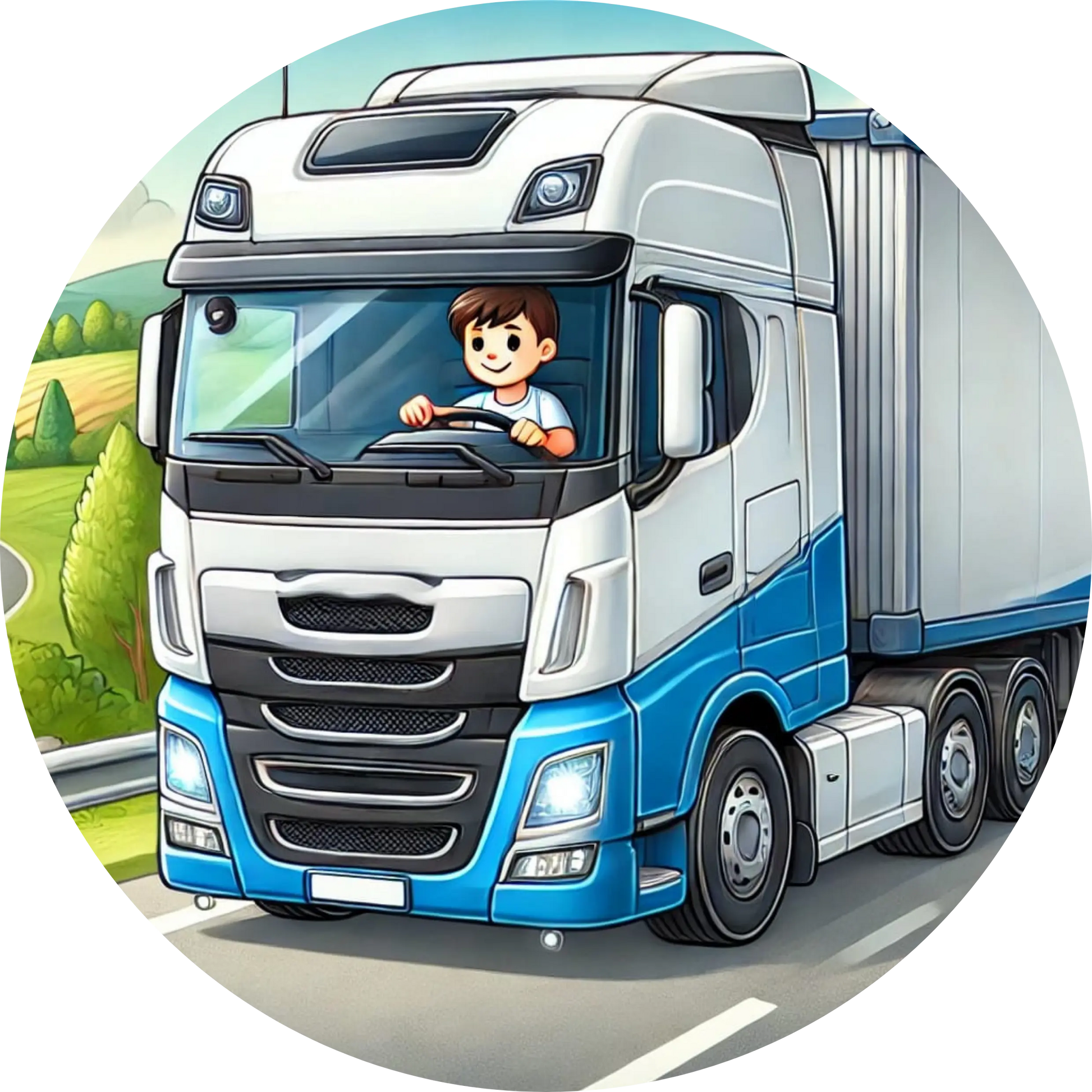 Blauer LKW mit weißem Auflieger fährt durch eine Stadt.