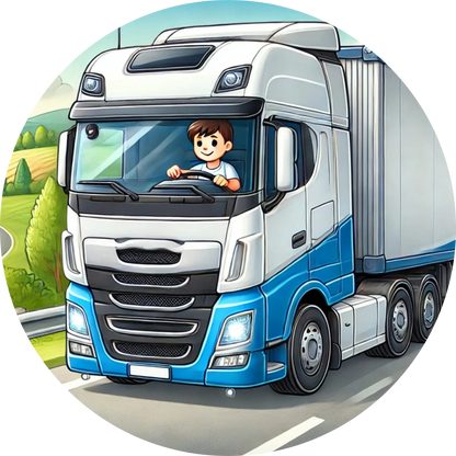 Blauer LKW mit weißem Auflieger fährt durch eine Stadt.