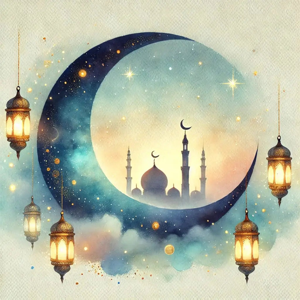 Halbmond mit Moschee & Laternen auf Aquarell – Märchenhaftes Motiv mit Halbmond, Moschee-Kuppel und schwebenden Laternen im sanften Farbspiel.