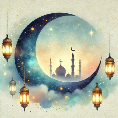 Halbmond mit Moschee & Laternen auf Aquarell – Märchenhaftes Motiv mit Halbmond, Moschee-Kuppel und schwebenden Laternen im sanften Farbspiel.