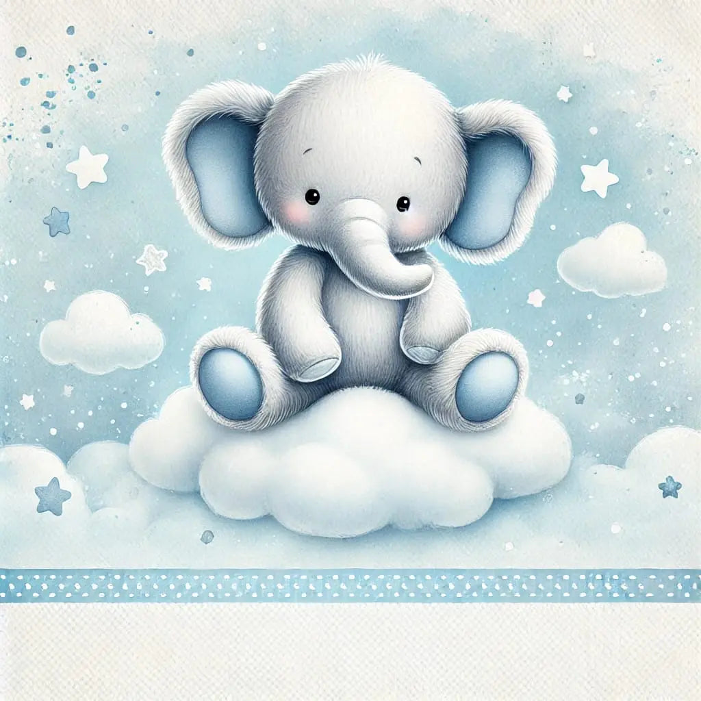 Süßer Baby-Elefant mit großen Ohren sitzt auf einer Wolke vor blauem Sternenhimmel – Baby-Motiv für Jungen.