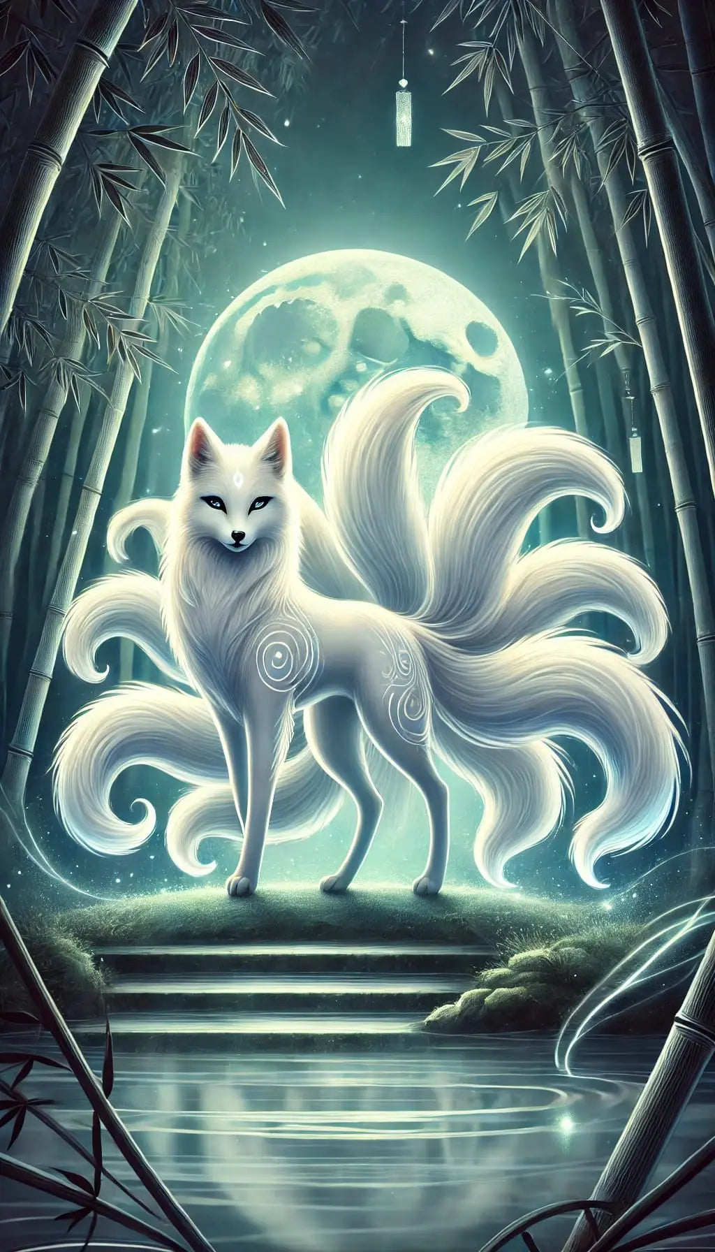 Blauer Kitsune mit neun Schweifen – Mystischer Fuchsgeist mit neun leuchtenden Schweifen steht auf einem grünen Felsen vor geometrischem Hintergrund.