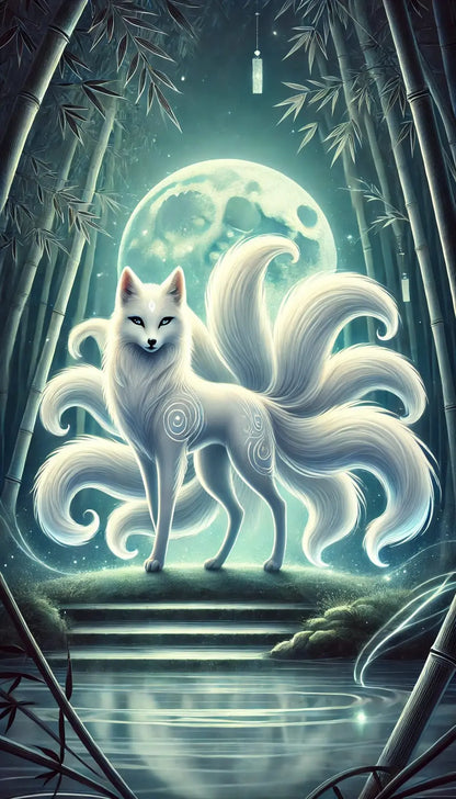 Blauer Kitsune mit neun Schweifen – Mystischer Fuchsgeist mit neun leuchtenden Schweifen steht auf einem grünen Felsen vor geometrischem Hintergrund.