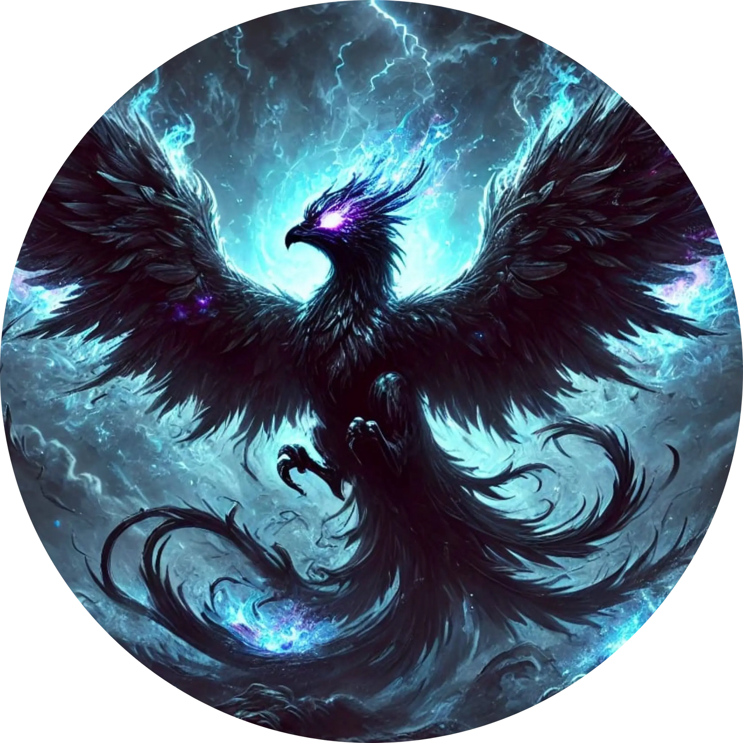 Blauer Phönix mit glühender Brust über Bergen