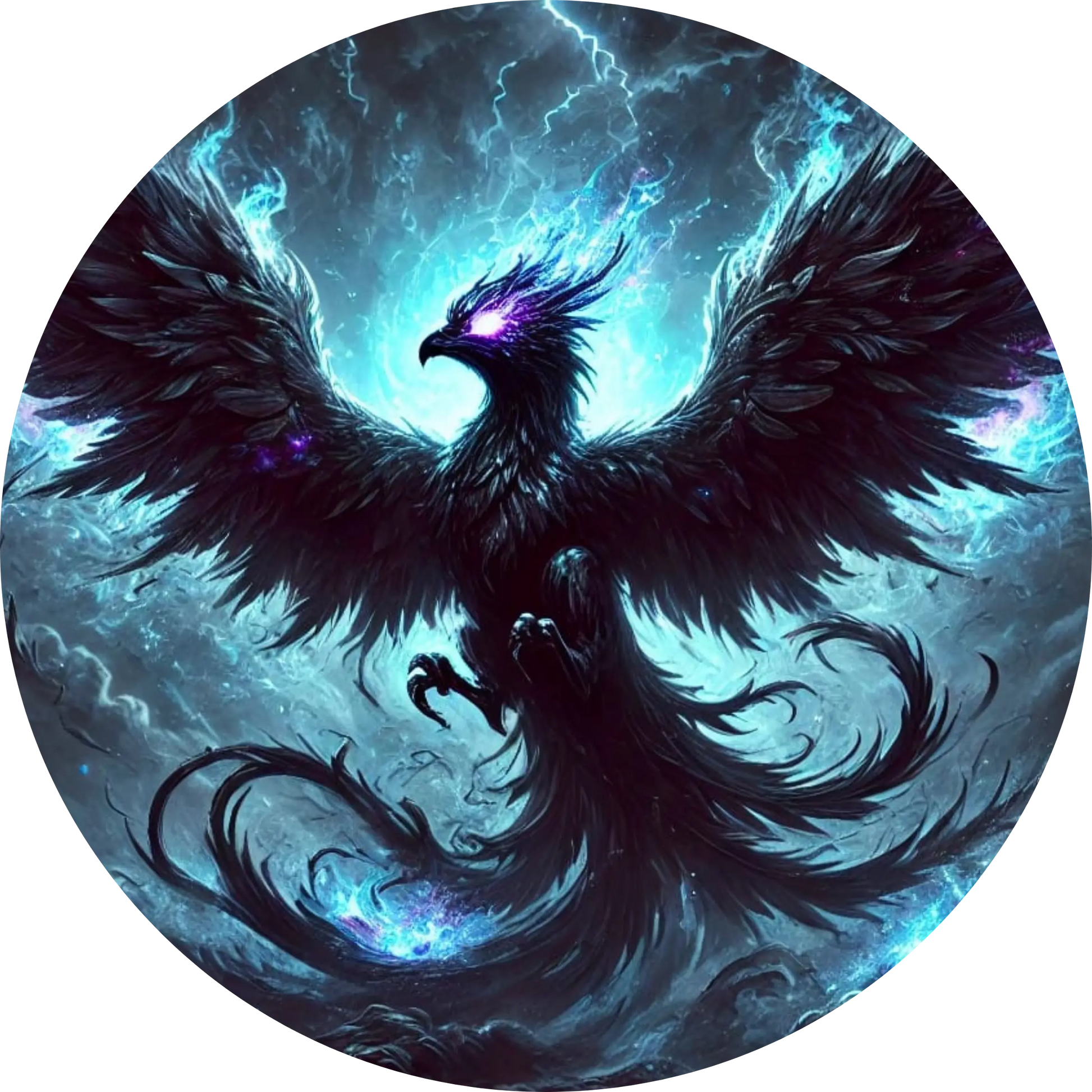 Blauer Phönix mit glühender Brust über Bergen