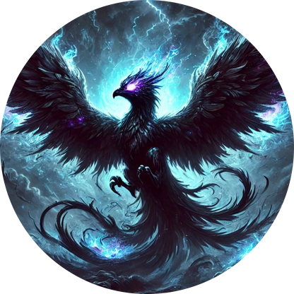 Blauer Phönix mit glühender Brust über Bergen