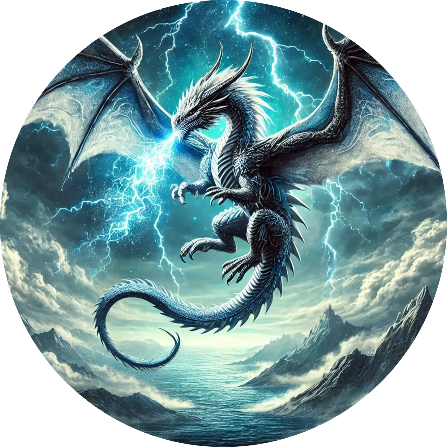 Blauer Blitzdrache mit geöffneten Flügeln vor stürmischem Himmel

