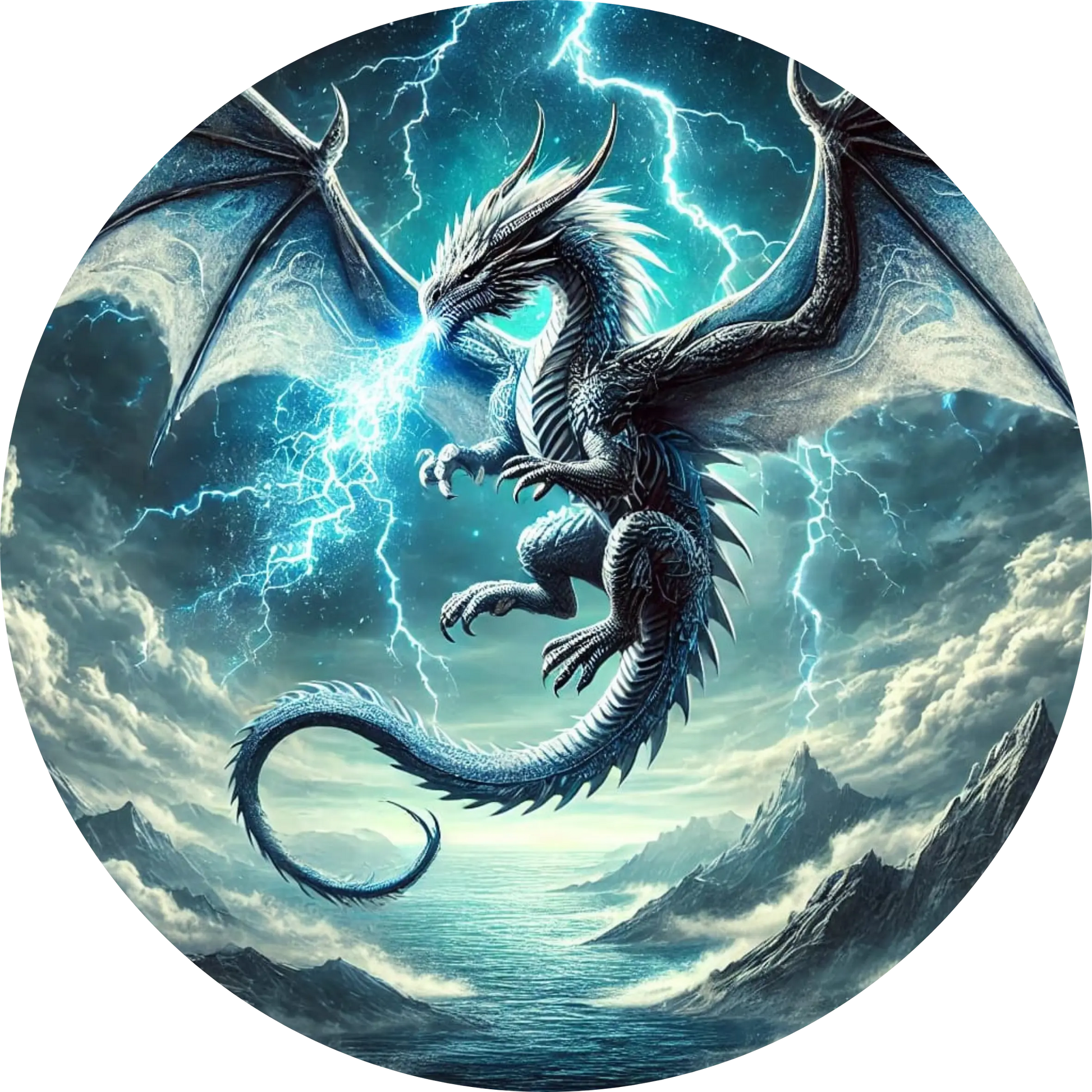 Blauer Blitzdrache mit geöffneten Flügeln vor stürmischem Himmel

