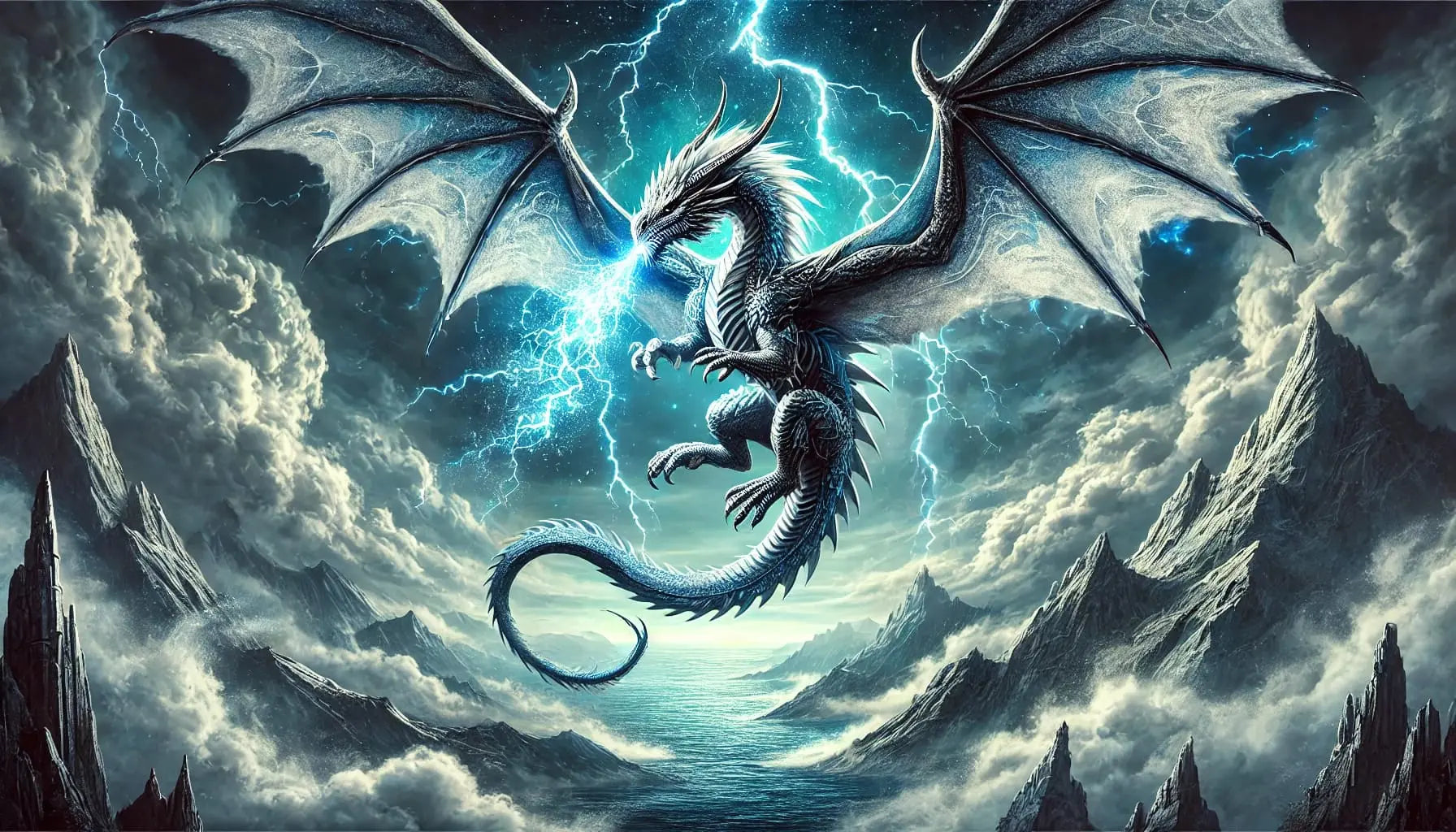 Dunkler Drache fliegt durch stürmischen Himmel, bedrohlich und majestätisch