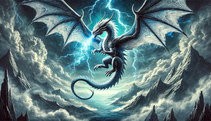 Dunkler Drache fliegt durch stürmischen Himmel, bedrohlich und majestätisch