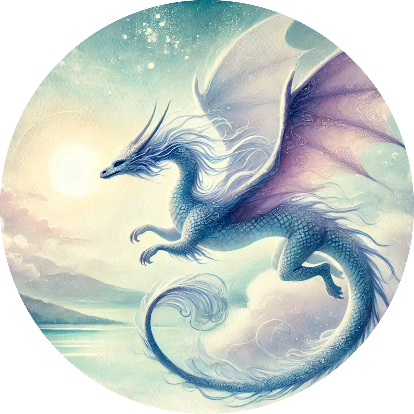 Blauer Drache mit silbernen Schuppen über dem Meer