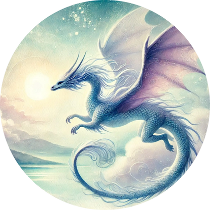 Blauer Drache mit silbernen Schuppen über dem Meer