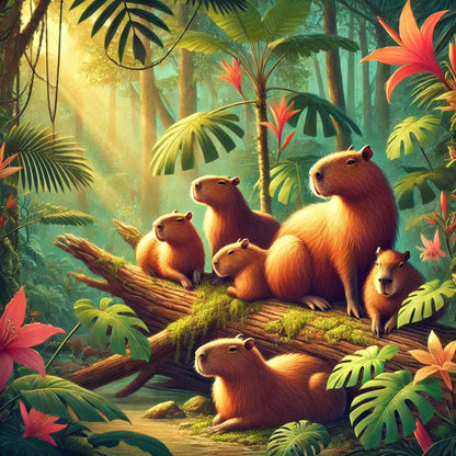 Capybaras auf einer Blumenwiese bei Sonnenuntergang mit Holzzaun