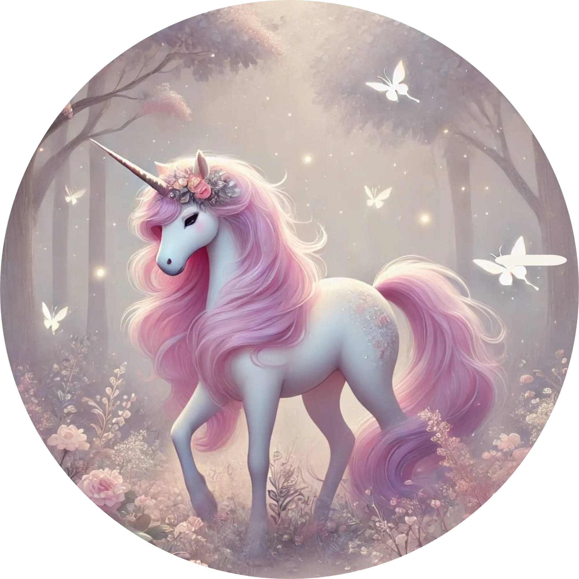 Einhorn mit wallender rosa Mähne unter glitzernden Sternen