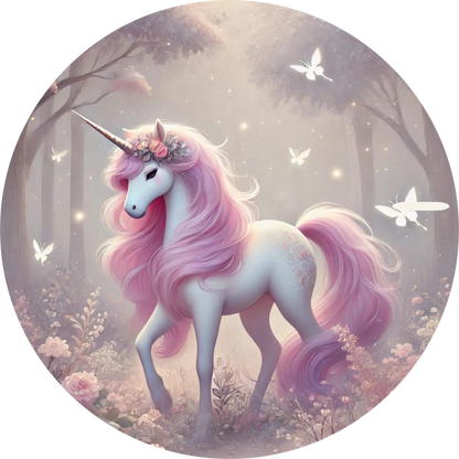 Einhorn mit wallender rosa Mähne unter glitzernden Sternen