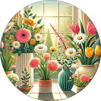 Blumenfensterbank mit Gerbera, Tulpen und Vasen im Sonnenlicht