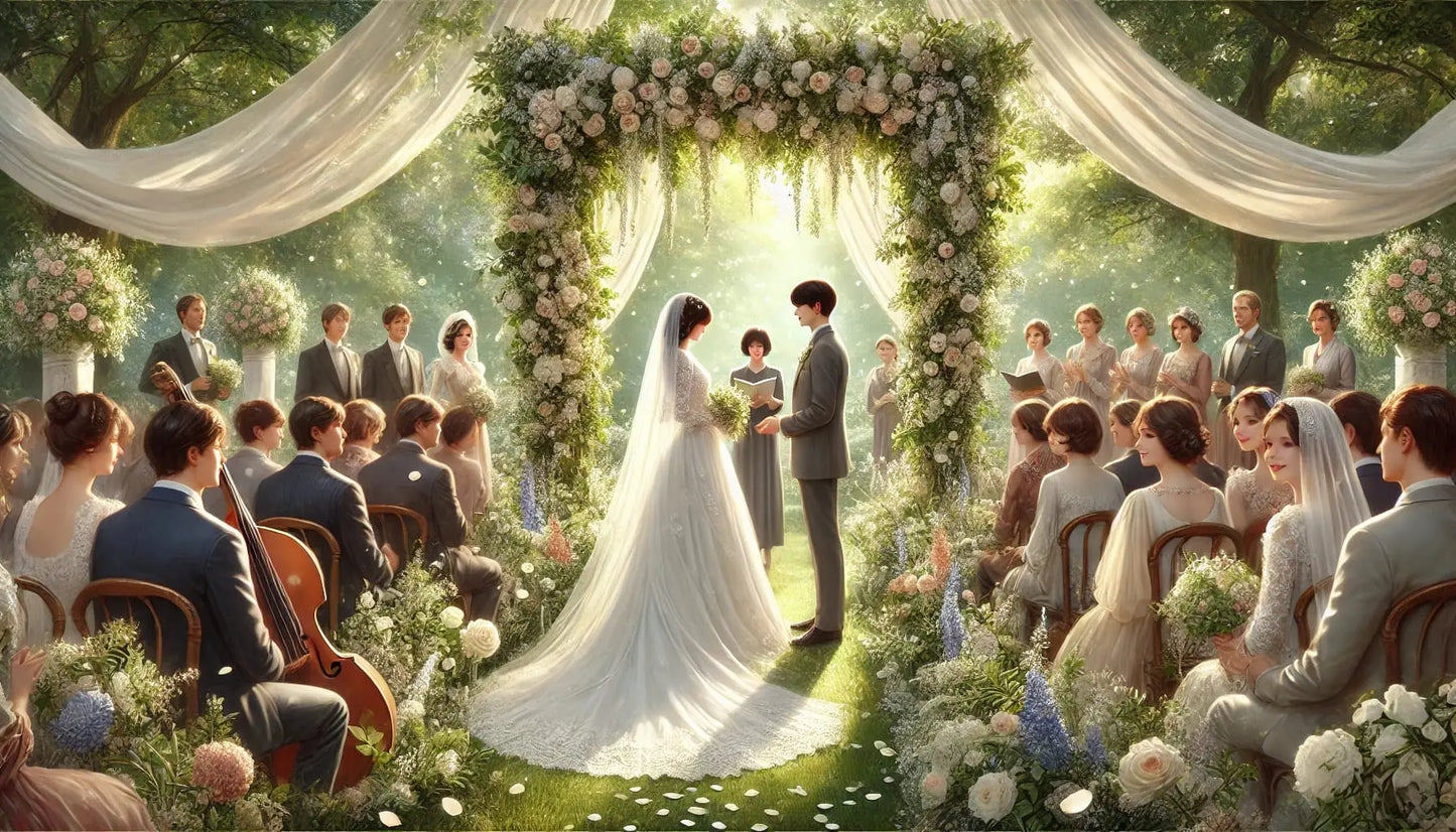 Trauung unter Blumenbogen im Garten
Stilvolle Gartenhochzeit mit einem Brautpaar unter einem üppig geschmückten Blumenbogen, umgeben von Gästen in festlicher Kleidung.