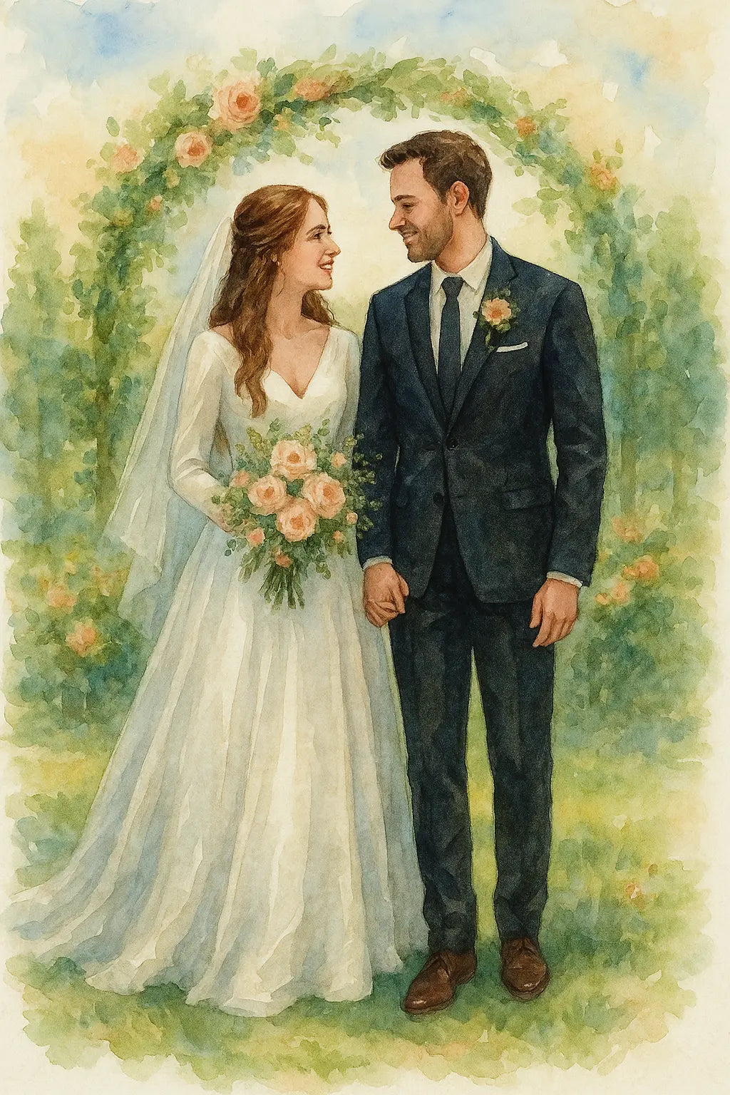 Braut und Bräutigam stehen unter einem blumengeschmückten Bogen im Garten und schauen sich verliebt an, beide tragen klassische Hochzeitskleidung.