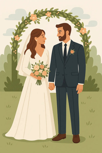  Illustration eines Brautpaars unter einem Blumenbogen, stilisiert im modernen, minimalistischen Cartoon-Stil.