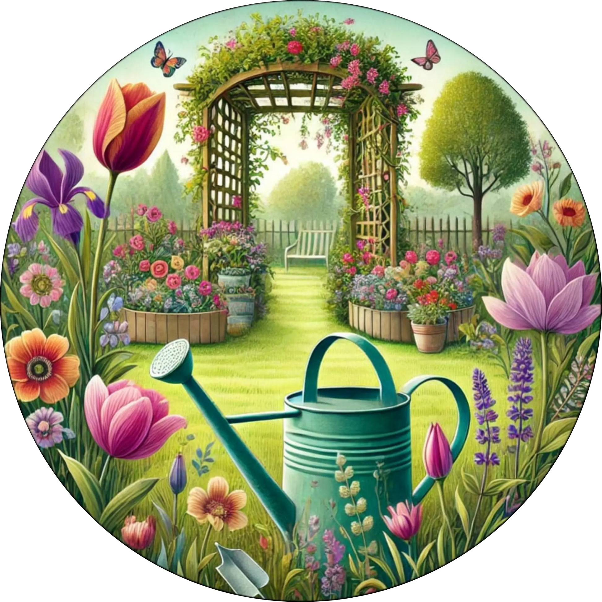 Blumenbogen mit Gartentor und Gießkanne
Romantischer Gartenpfad mit blühendem Rosenbogen, Gartentor und Gießkanne – detailreich und verträumt illustriert.