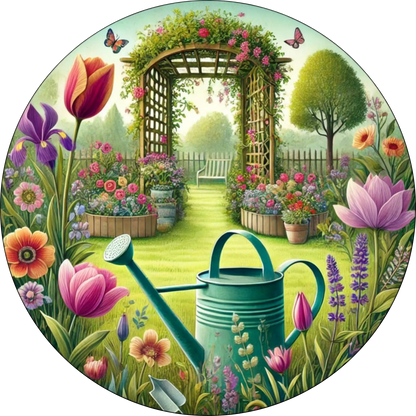 Blumenbogen mit Gartentor und Gießkanne
Romantischer Gartenpfad mit blühendem Rosenbogen, Gartentor und Gießkanne – detailreich und verträumt illustriert.