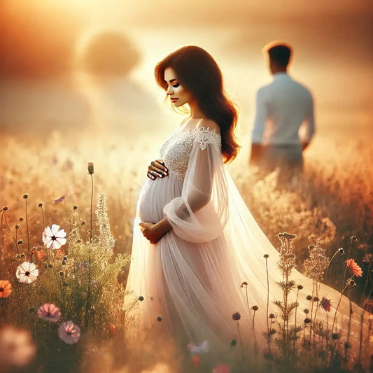 Schwangere Frau in fließendem Kleid in einem Blumenfeld bei Sonnenuntergang – romantische Szene mit verträumter Atmosphäre.