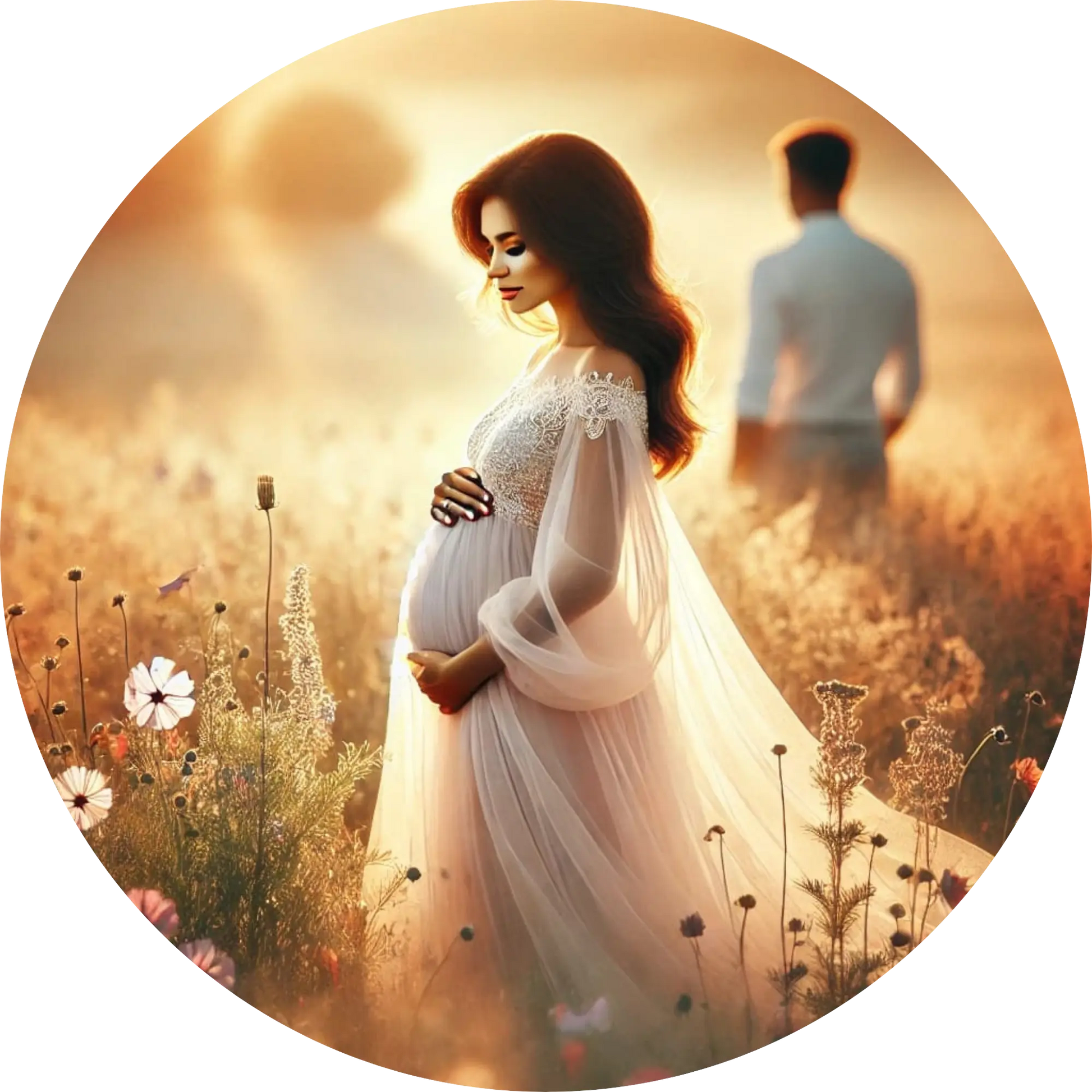 Schwangere Frau auf Blumenfeld mit Partner im Sonnenlicht – emotionales Schwangerschaftsmotiv