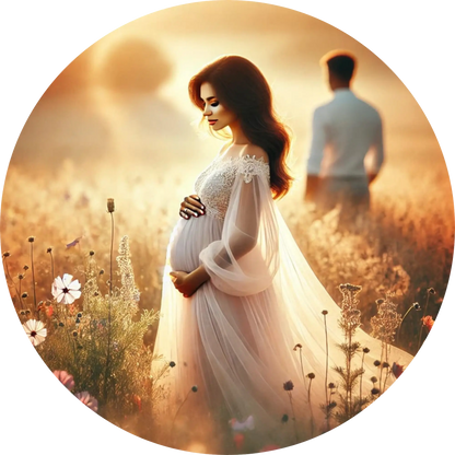 Schwangere Frau auf Blumenfeld mit Partner im Sonnenlicht – emotionales Schwangerschaftsmotiv