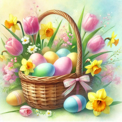 Blumenkorb voller Tulpen und Ostereier, in pastelligen Farben – frühlingshaft und heiter.