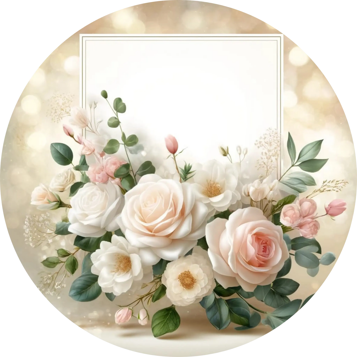 Blumenkranz mit rosa Rosen auf cremefarbenem Hintergrund – zarte Umrahmung für Wunschtext