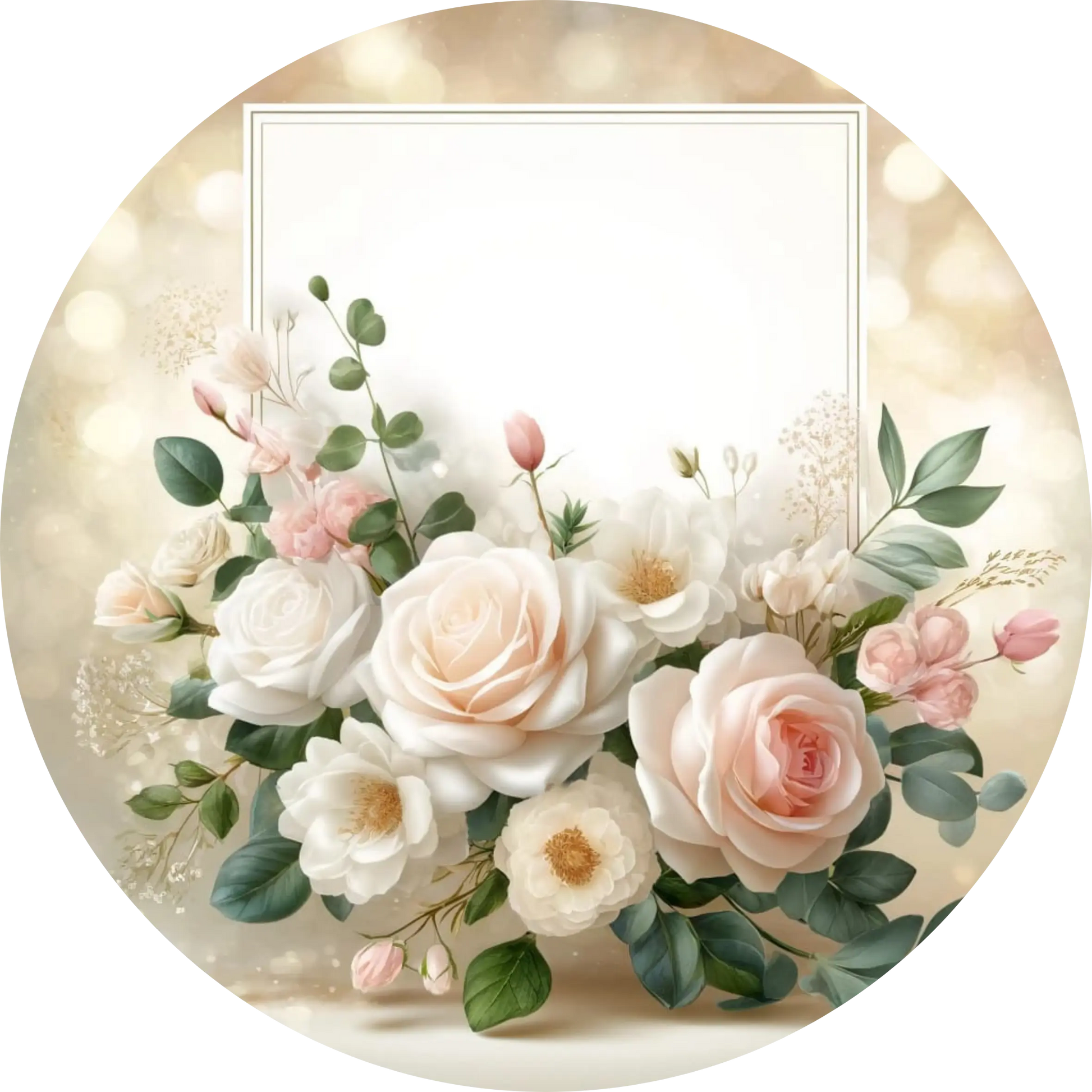 Blumenkranz mit rosa Rosen auf cremefarbenem Hintergrund – zarte Umrahmung für Wunschtext