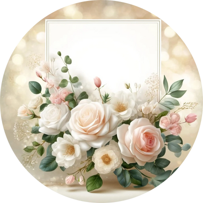 Blumenkranz mit rosa Rosen auf cremefarbenem Hintergrund – zarte Umrahmung für Wunschtext