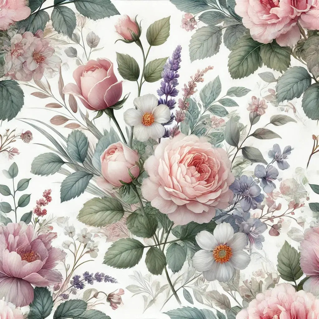 Romantisches Blumenmuster mit Rosen und Lavendel – detailreiche Blütenillustration in Rosa, Lila und Weiß auf hellem Grund.