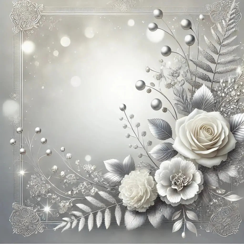 Glänzender silberner Blumenrahmen mit Rosen, Perlen und Blättern – edle Kulisse für Hochzeitsmotive.
