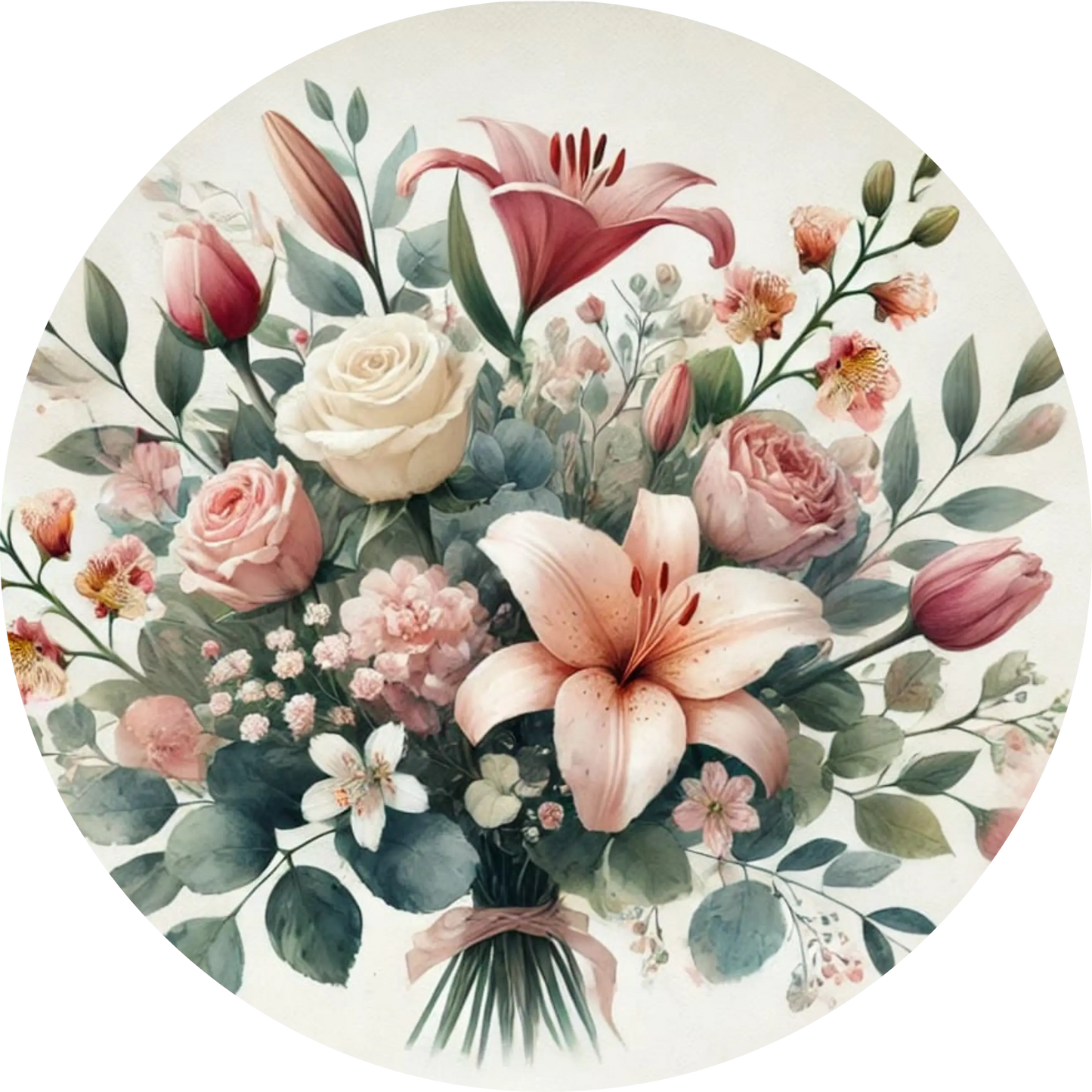 Üppiges Blumendesign mit Lilien, Pfingstrosen und Blättern auf hellem Grund.